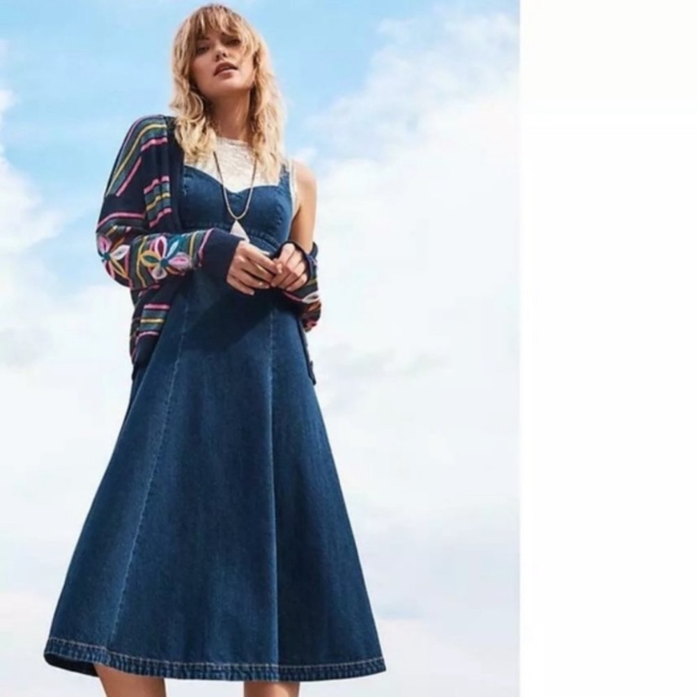 Anthropologie Dark Indigo Blue Denim Midi Dress - Picture 4 of 12